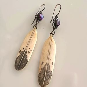 Vintage 1960's Sterling Silver Amethyst And Carved Bone Native American Earrings